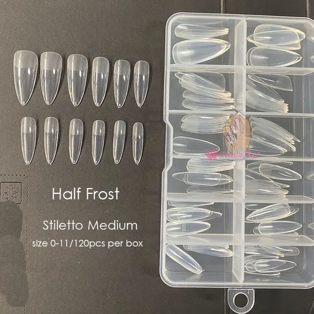 120pcs/box Instant Soft Gel Nail Tips Sculpted Coffin Stiletto Full Cover Press On Nail Tips Soak Off Salon Custom Nails Half Frost Stiletto