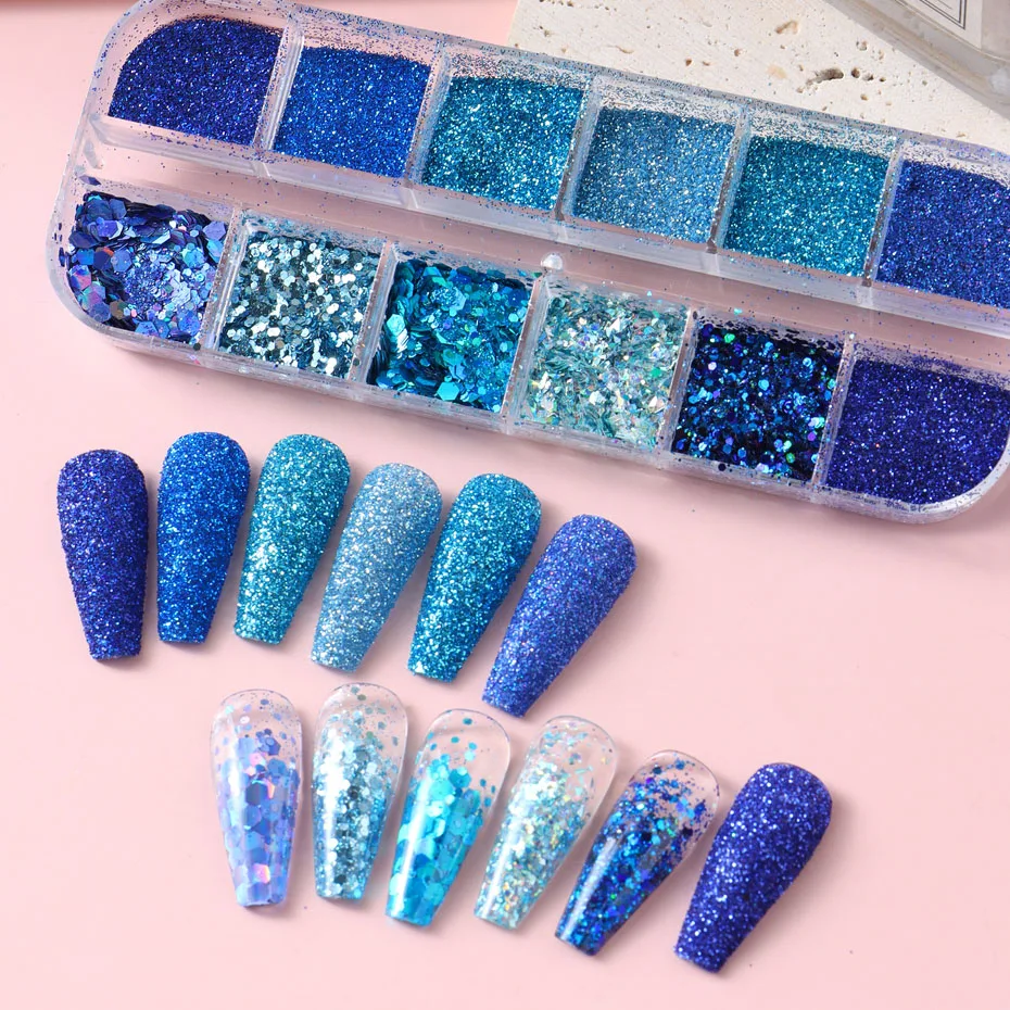 네일 참 디핑 파우더 불규칙 플레이크 스팽글 블루 파우더, 반짝이 아트 장식, 매니큐어 액세서리, 12 그리드