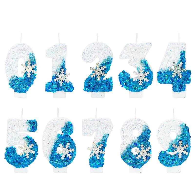 1 Stück Prinzessin Geburtstag 0-9 Zahlenkerze Blaue Schneeflocke Flammenlose gefrorene Kerzen Hochzeit Party Dekoration Geburtstag Dessert Versorgung – Detail 2