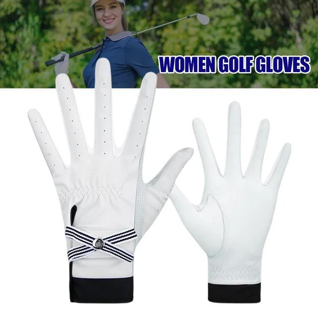 1 Pair Women Lambskin Leather Golf Gloves with Mark Ladies Breathable Open Finger Mittens Right and Left Hand Sport Gloves 3