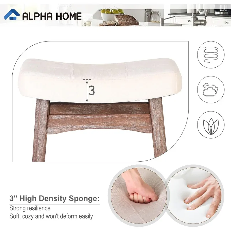ALPHA HOME Bar Stools Set of 2, Solid Wood Saddle Kitchen Stools with Beige Linen Fabric Cushion Counter Height Barstools 3