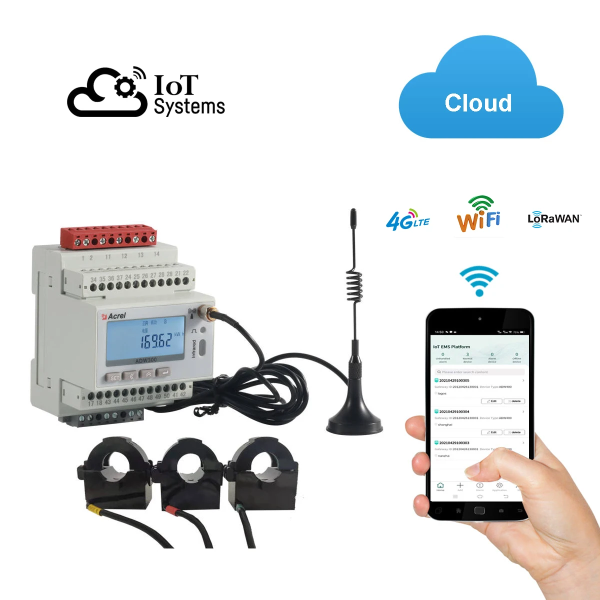 

Acrel ADW300 IOT Wireless 4G Wifi Lorawan 3 Phase Smart Energy Meter Rs485 Modbus-RTU MQTT with External AC 100A Current Sensor