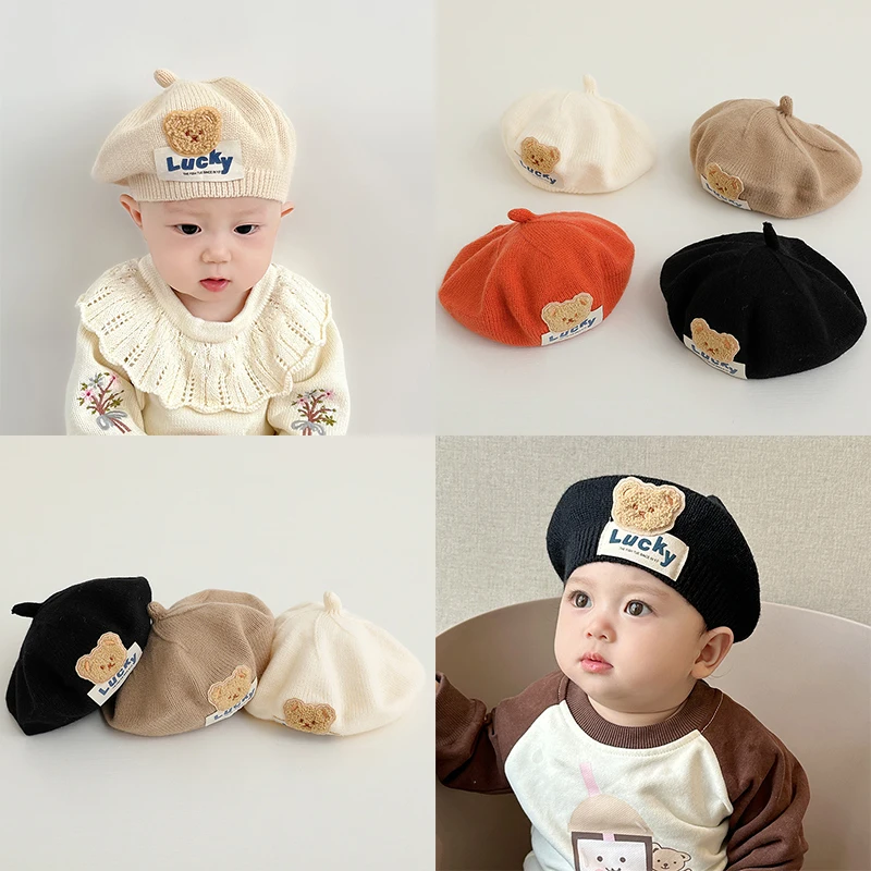 Cute Baby Berets Cartoon Bear Artist Painter Cap 6-24M Toddler Woolen Crochet Bonnet Winter Warm Knitted Hat Solid Kids Beanies 2