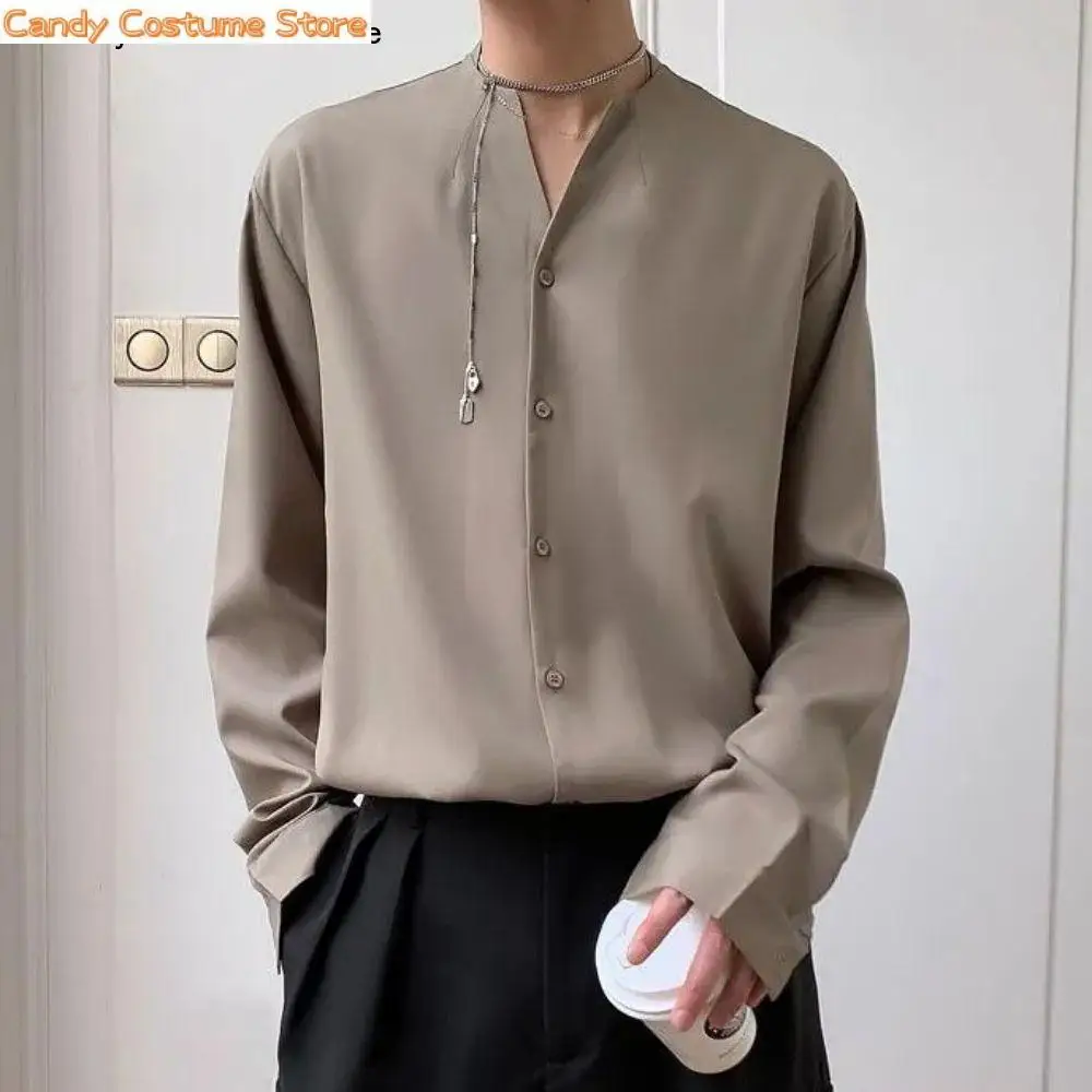 Loose Long Sleeve Shirt Men Streetwear Vintage Fashion V-Neck Casual Male Japan Korean Solid Color Shirts Tops Man