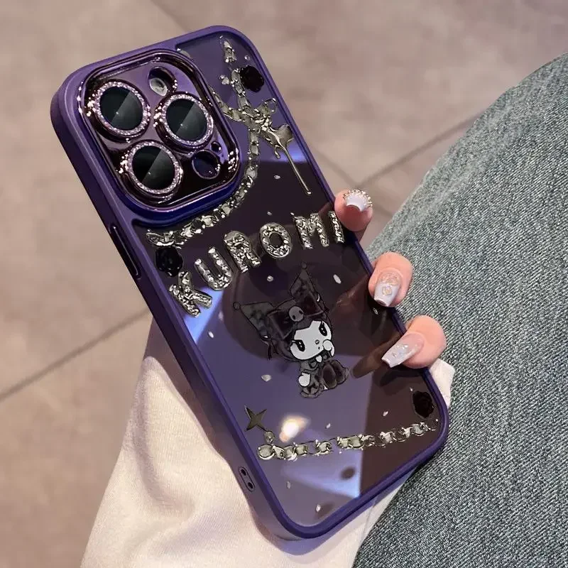 

Kuromi Shiny Lens Protective Phone Case For iPhone 11 12 13 14 15 Pro Max Acrylic Shell Y2K Girl Transparent Shockproof Cover