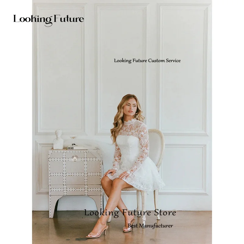 Modern Mini A-Line White Wedding Dress Sexy Lace High Neck Elegant Long Sleeves Pleated Zipper Illusion Short Customized 2025 17 S205e463705424d73bfdd1d6b6b02dfb2F