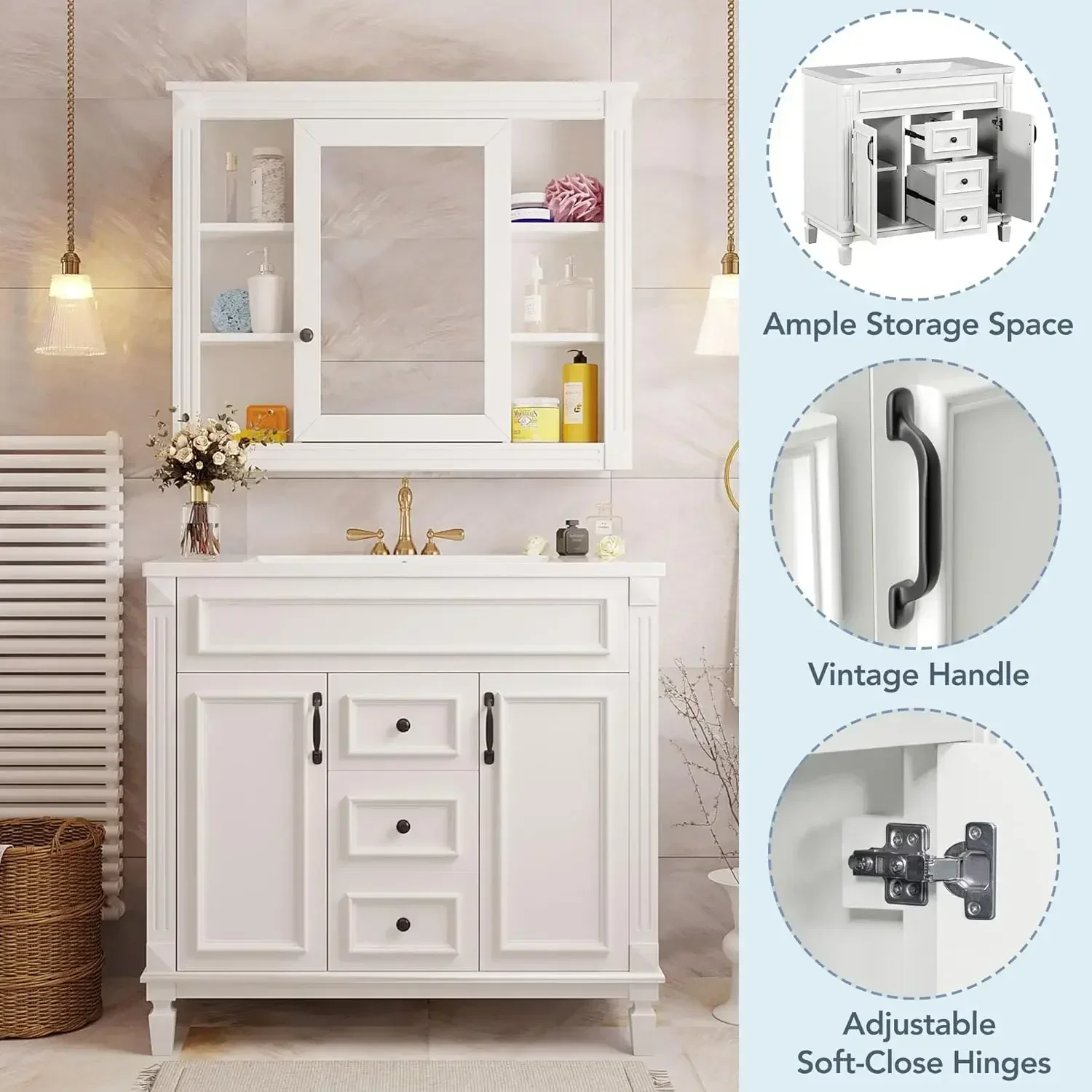 36” Bathroom Vanity with Sink, 36 inch Bathroom Vanity Cabinet with Matching Mirror Medicine Cabinet, Bathroom Storage Cabinet