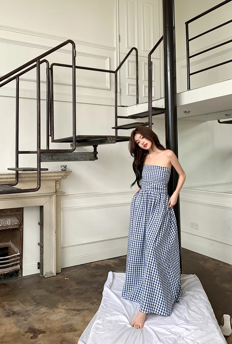 Casual Strapless Midi Dresses for Women Striped Sleeveless A-line Korean Chic Summer New Party Dress Vestidos Mujer