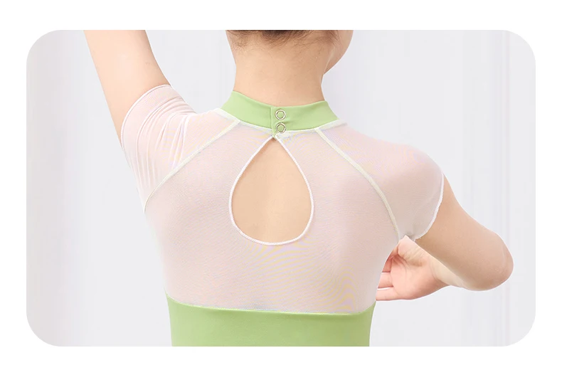 Kinder Stehen Kragen Mesh Splice Dance Trikot Stickerei Kurzen Ärmeln Nylon Ballett Tragen Mädchen Hohe Stretch Gymnastik Body – Detail 9