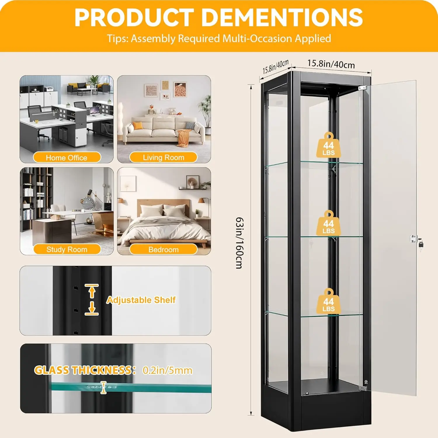 4-Tier Glass Display Cabinet Case with 13 Colors Light & Lock,63 Curio Cabinet with Glass Door&Adjustable Shelves,Thickened 5MM