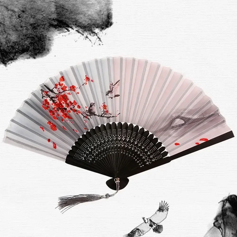 Elegant Silk Vintage Folding Fan with Colorful Tassel - Bamboo Hand Fan for Classical Dance and Home Decor