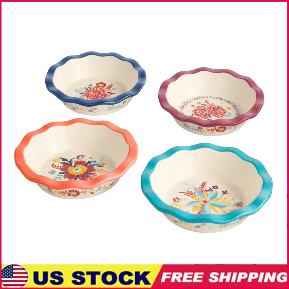 Set of 4 Durable Stoneware Mini Pie Pans with Floral Design & Ruffled Edges 1