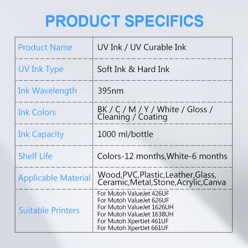 1000ML/SET LED UV Ink For Mutoh PJUV11 UH21 US11 MP31 For ValueJet 426UF 626UF 1626UH 1638UH XpertJet 461UF 661UF UV Curable Ink