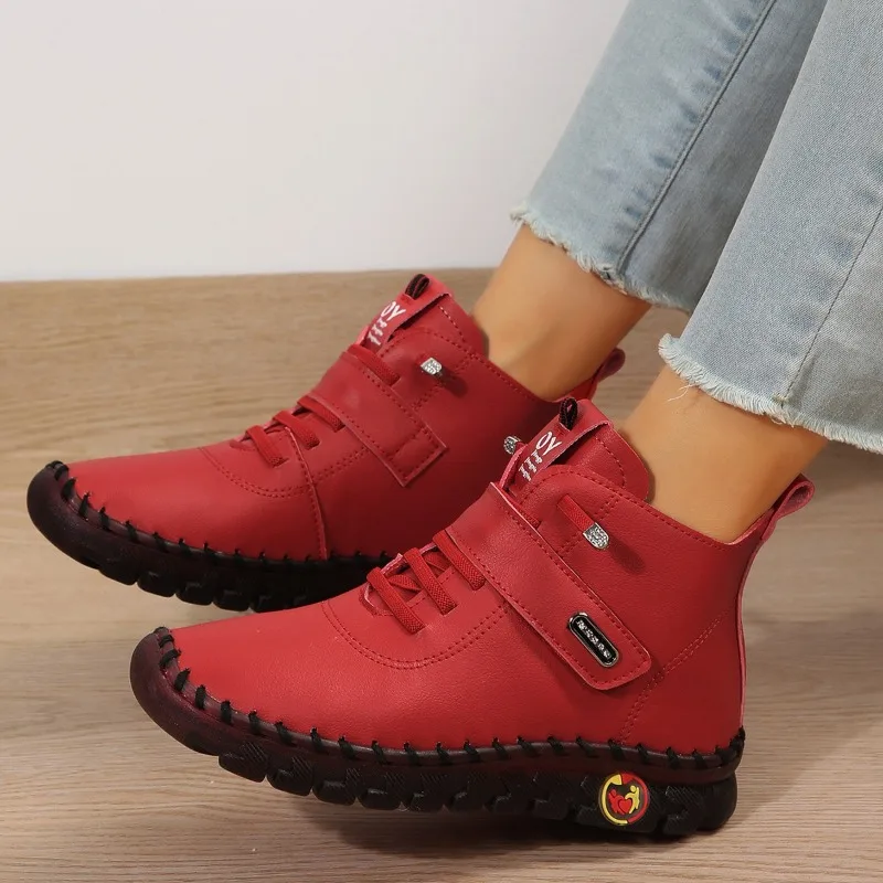 2023 Womans Winter Boots Female Oxford Handmade Sewing Sneakers Women Punk Red Ankle Boots with Fur Botas De Mujer