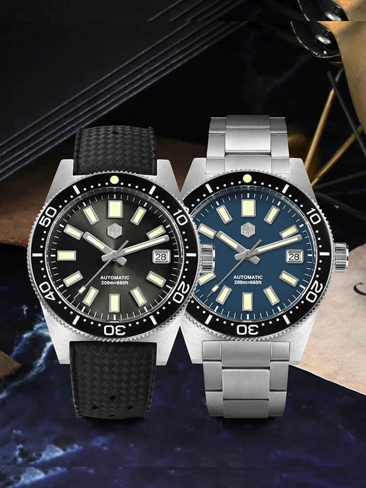 San Martin 39mm 62mas NH35 Automatic Watch Men Waterproof Wristwatch Date 20Bar Bracelet Tropical FKM Rubber Strap Lume SN0007B