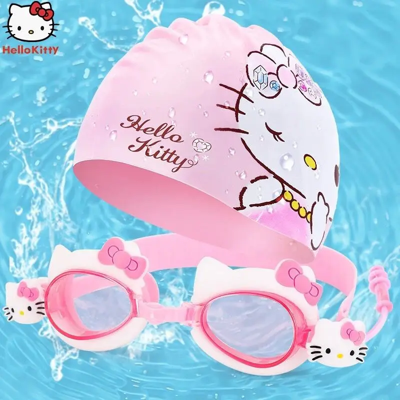 

Kawaii Sanrio Hello Kitty Cartoon Child Silica Gel Swim Diving Glasses Swimming Cap Set Hd Water Proof Anti-Fog Life Supplies