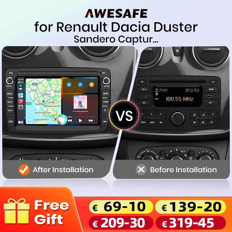 AWESAFE Reproductor Multimedia Inalámbrico CarPlay Android Auto para Renault Dacia Duster Sandero Captus Xray Logan 2 Symb, Radio para Auto, Estéreo, Wi-Fi, GPS, Navegación, 2 Din, Autoradio, Sistemas Inteligentes para Auto, 1280*720, IPS, Unidad Principal, FM, RDS, DSP, SWC, BT, Plug & Play, ISO 1