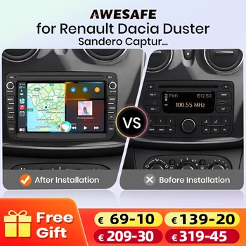 AWESAFE Reproductor Multimedia Inalámbrico CarPlay Android Auto para Renault Dacia Duster Sandero Captus Xray Logan 2 Symb, Radio para Auto, Estéreo, Wi-Fi, GPS, Navegación, 2 Din, Autoradio, Sistemas Inteligentes para Auto, 1280*720, IPS, Unidad Principal, FM, RDS, DSP, SWC, BT, Plug & Play, ISO 1