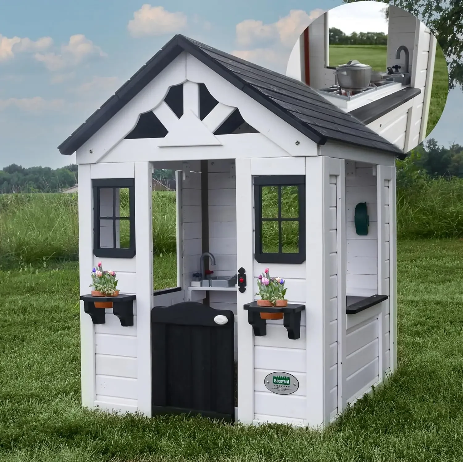 Description Picture 4 of itemSweetwater All Cedar White Modern Outdoor Wooden Playhouse Cottage Sink Stove Windows Kitchen with Pot and Pans and Utensils
