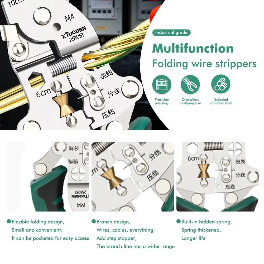 Versatile Foldable Electrician Tool with Wire Stripping & Voltage Testing Capabilities