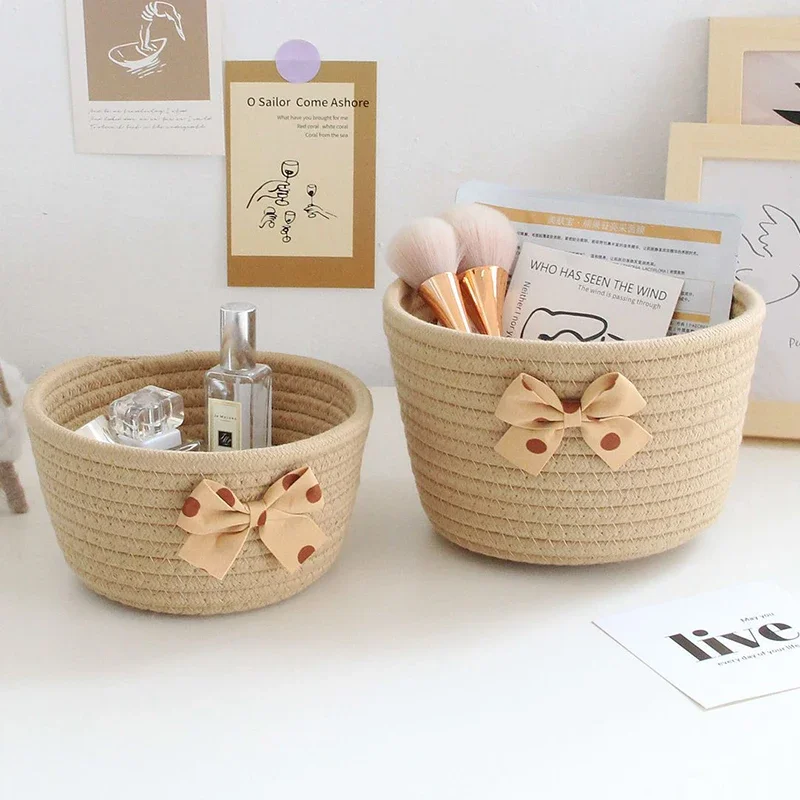 

Bowknot Tassels Storage Basket Handmade Cotton Rope Weaving Sundries Small Toys Cosmetics Storage Box Desktop Organizer