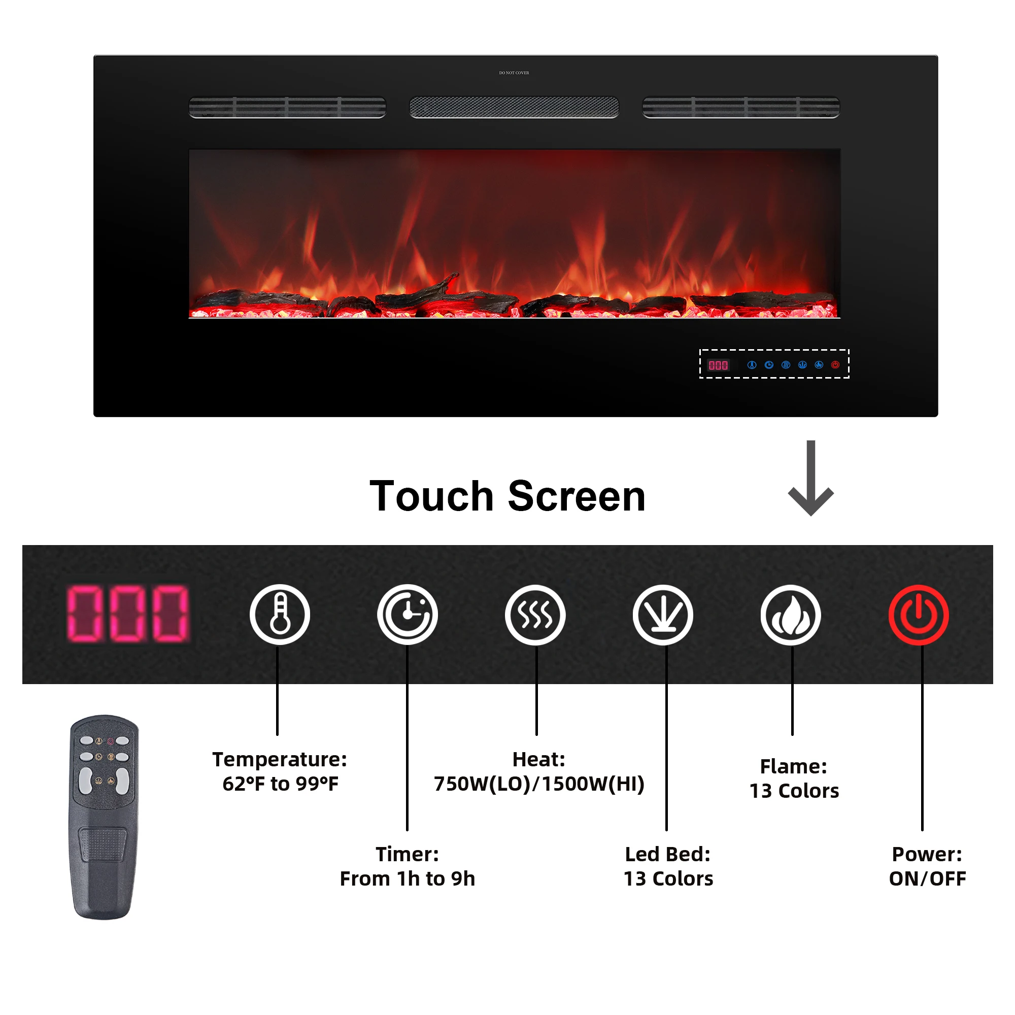50 Inches Recessed Wall Mounted LED Electric Fireplace Manufacturer Decorative With 13 Flame Colors Timer
