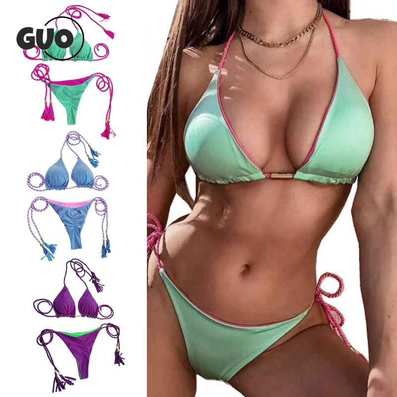 Sexy Contrasting Colors Halter String Triangle Two Piece Bikini Trendy Women's Lace-up Swimsuit Summer Separate Beach Wear 6