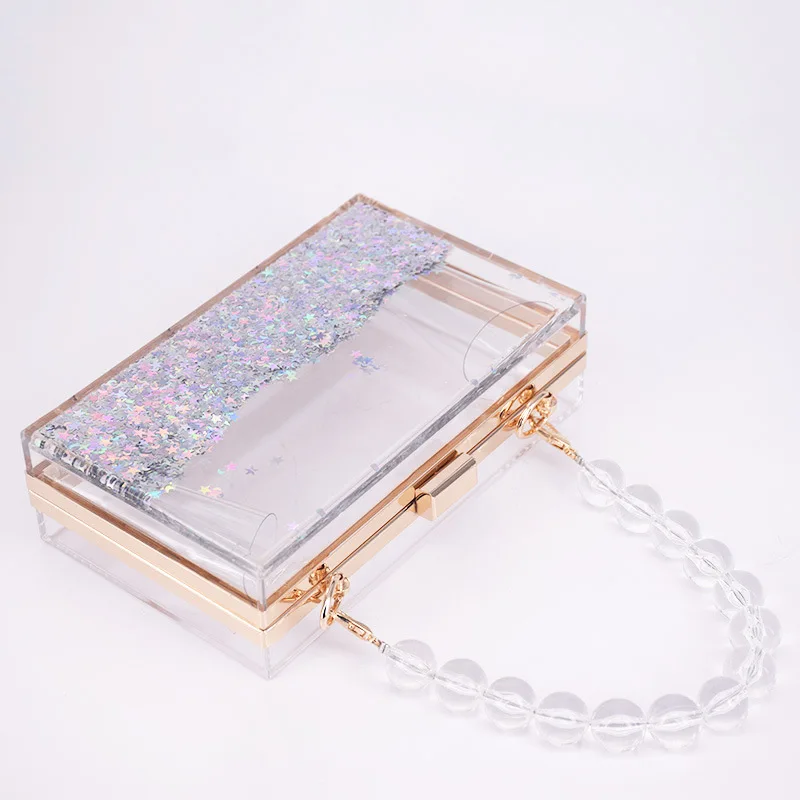 Ladies Shoulder Cosmetics Bag Y2k Transparent Liquid Sand Bead Chain Acrylic Party Wedding Handbag