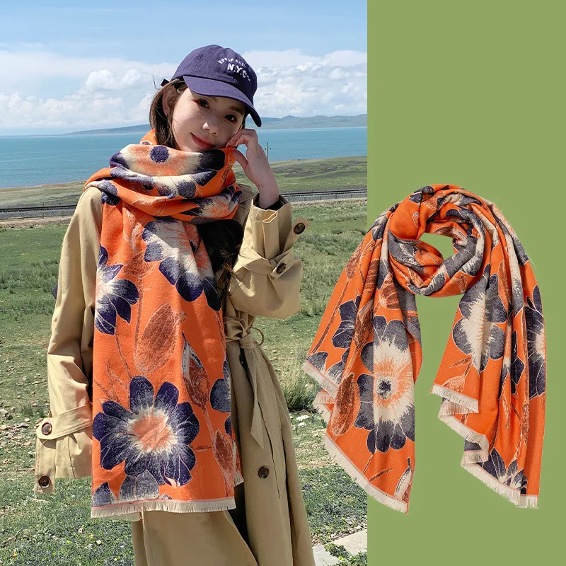 Faux Cashmere Scarf Women Girl Vintage Flower Shawl Stole Wraps Winter Warm Thick Kerchief for Lady 185*65cm