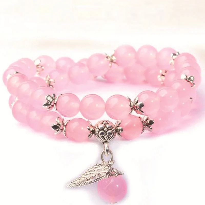 

Natural Pink Chalcedony Hand Carved Double Ring Bracelet Fashion Boutique Jewelry Men's and Women's Agate Bracelet Gift