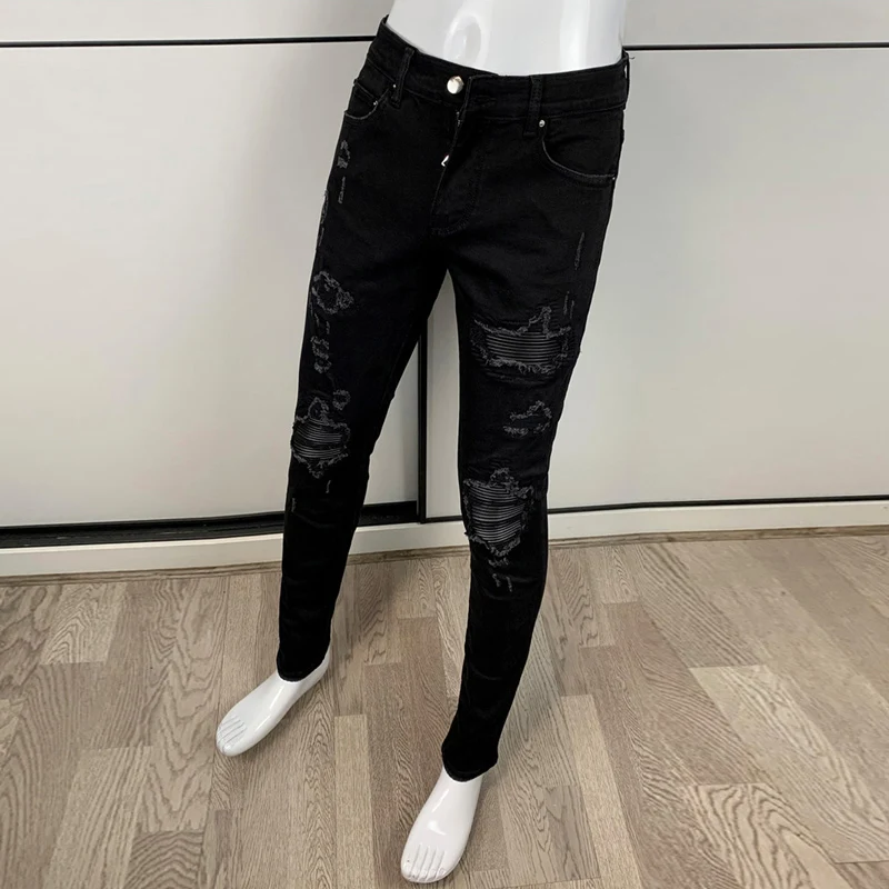 Street Fashion Men Jeans Black Stretch Skinny Fit Ripped Jeans Men Punk Trousers Leather Patched Designer Hip Hop Brand Pants