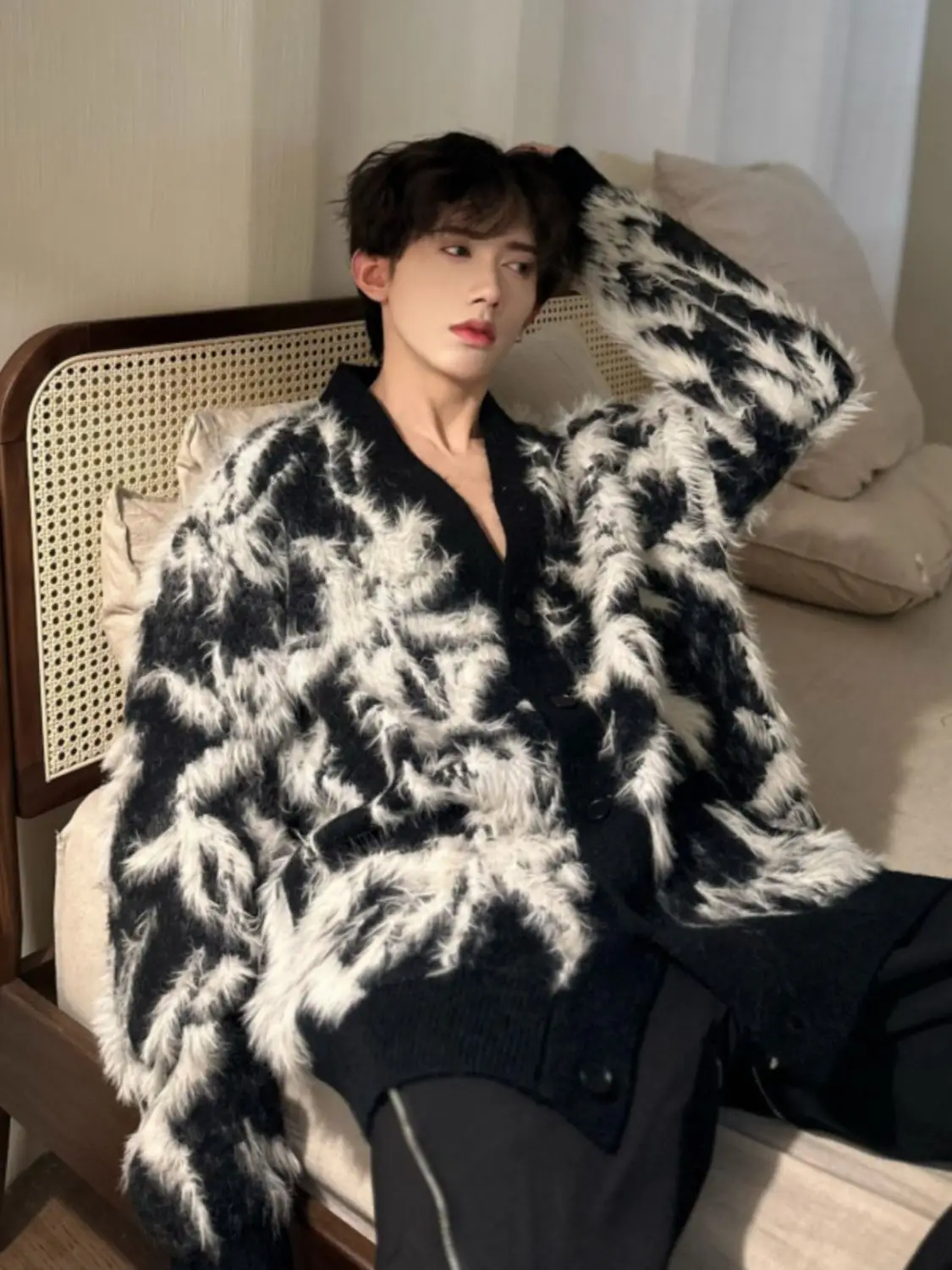 남성용 메이플 깃털 니트 가디건, 따뜻한 코트 스웨터, 멋지고 개성있는 스트리트웨어, 빈티지 루즈 슈트, 패션