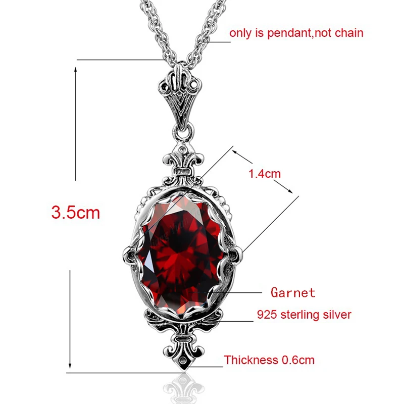 Solid 925 Sterling Silver Garnet Necklace Pendant For Women Stone Statement Wedding Vintage Jewelry Gifts Christmas Trendy