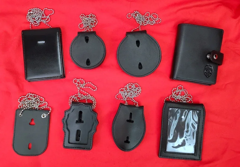 WANG1.FULL SET Us Police Badge Round Holder Leather Belt Clip BLACK Us Badge Holder Chains Pendant