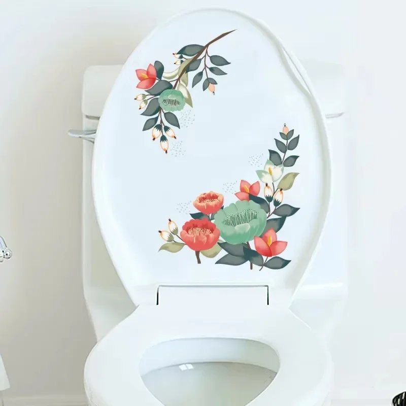 Bathroom Decor 3D Printed Flower View Toilet Lid Sticker Commode Seat Cover Sticker Cartoon Plant and Animals Scenery Home Decor
