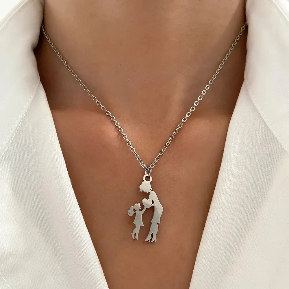 Mom Daughter Family Necklace Stainless Steel Chain Children Kid Silver Color Pendant Necklaces Jewelry Women Mother's Day Gift