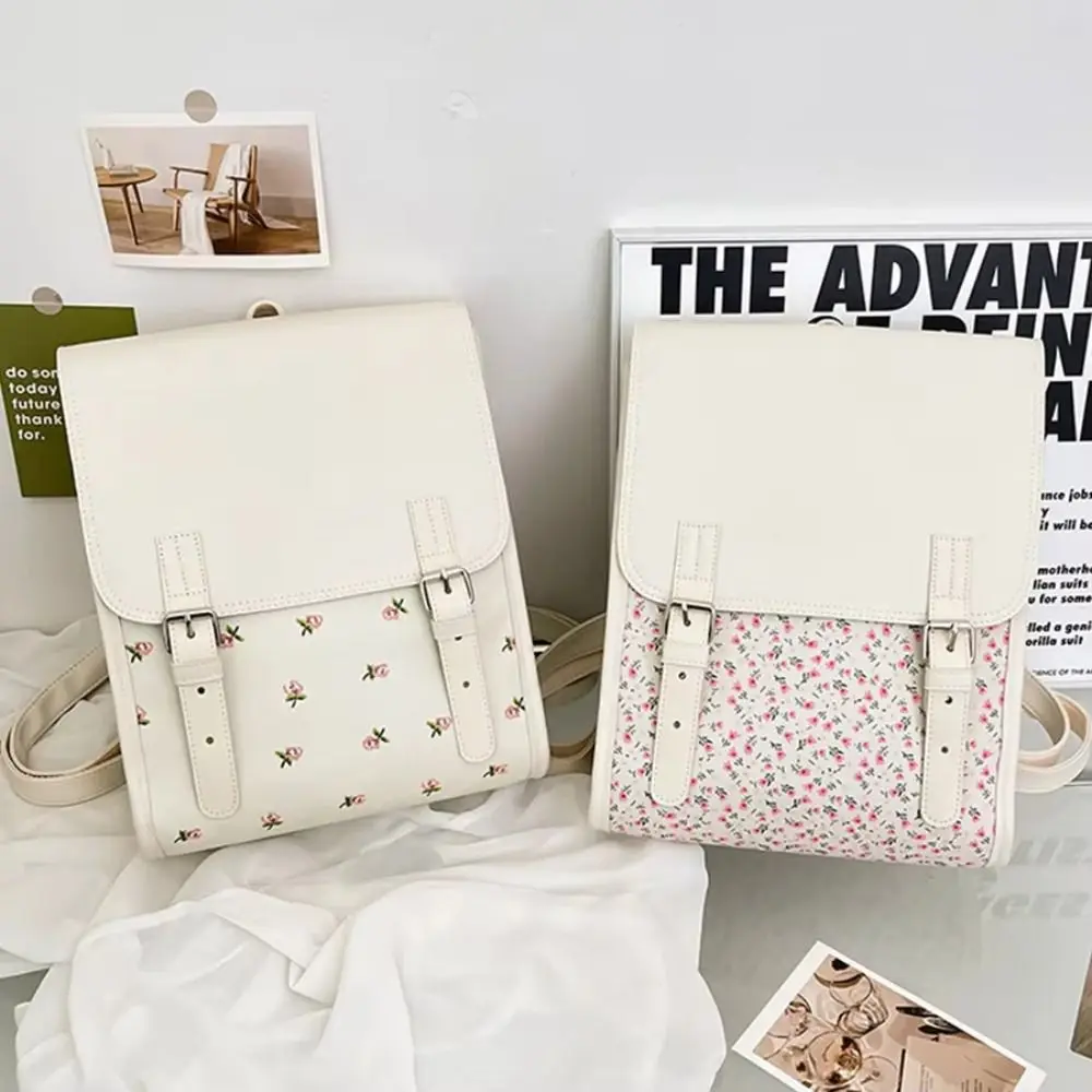 Handbag Fashion Flap Backpack Aesthetic College Style PU Leather Flip School Bag Versatile Square Flower School Bagpack Ladies 1