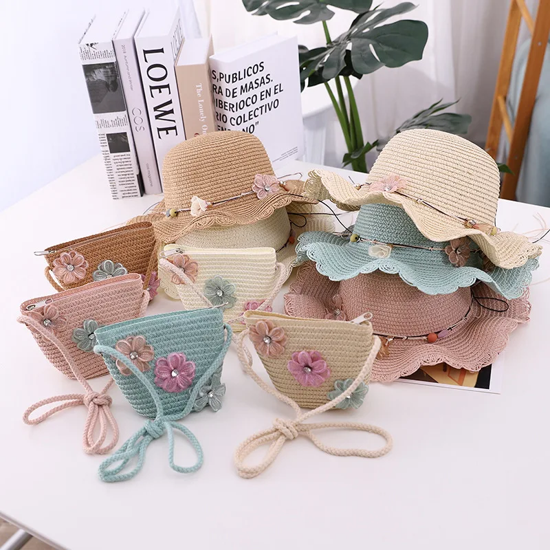 little girls summer straw sun hats and straw shoulder bags straw hat,baby sun hat,outdoor sun hat