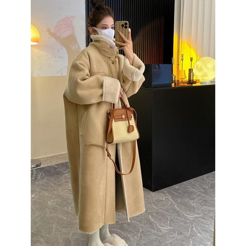 

Lautaro Winter Long Loose Casual Windproof Thickened Warm Faux Sheepskin Coat Women Oversized Fluffy Lambskin Overcoat 2023