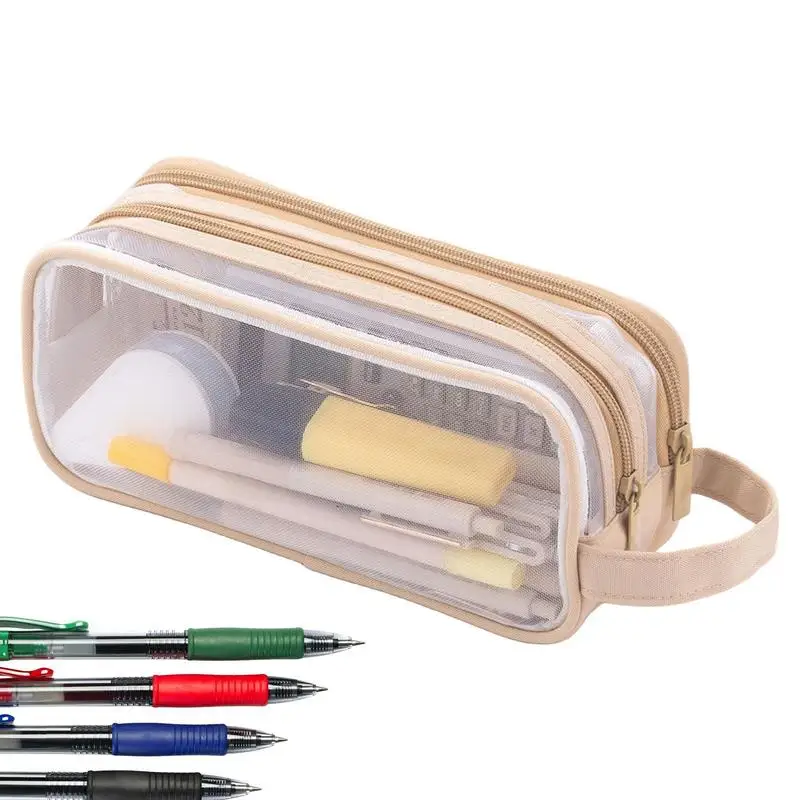 

Large Capacity Mesh Pencil Case 2 Compartment Pen Bag Multi-Purpose Teen Transparent Stationary Bag Handheld Multi-function