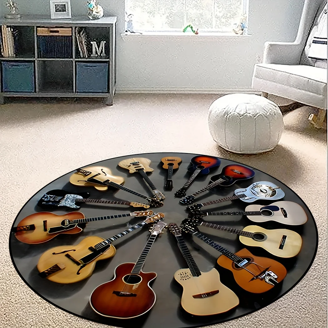 Guitar Pattern Round Area Carpets Teens Dorm Bedroom Bedside Foot Mat Living Room Dining Room Non-slip Chair Mat Home Decor Rugs 5