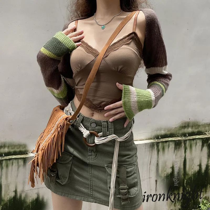 

ironknight-Women Vintage Contrast Color Long Sleeve Striped Knit Shawl