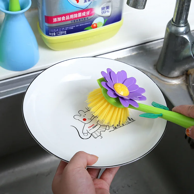 Elegant Purple Gold Floral Long-Handle Dishwashing Brush for Kitchen and Household Cleaning