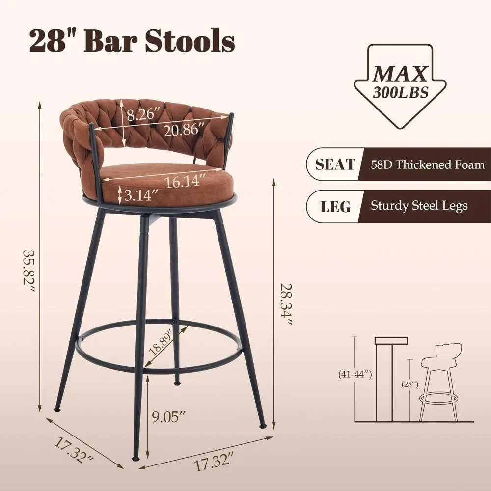 360&deg; Swivel Bar Stools, 28inch Counter Height Bar Stools Modern Barstools with Woven Back and Suede Fabric