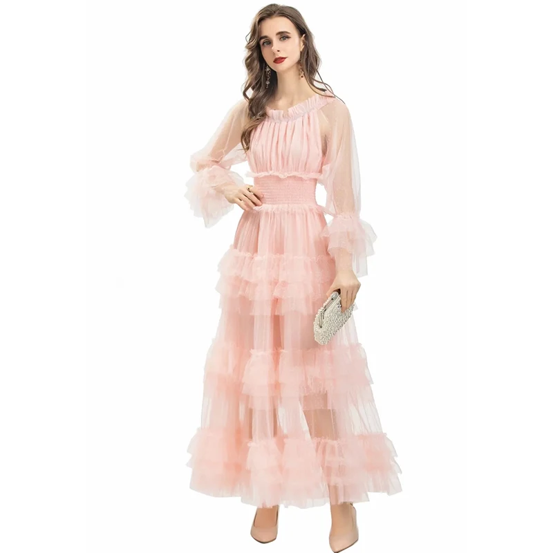 

Fashion Runway Autumn Women Slash neck Elastic Waist Cascading Ruffle Mesh Vacation Pink Maxi Dresses