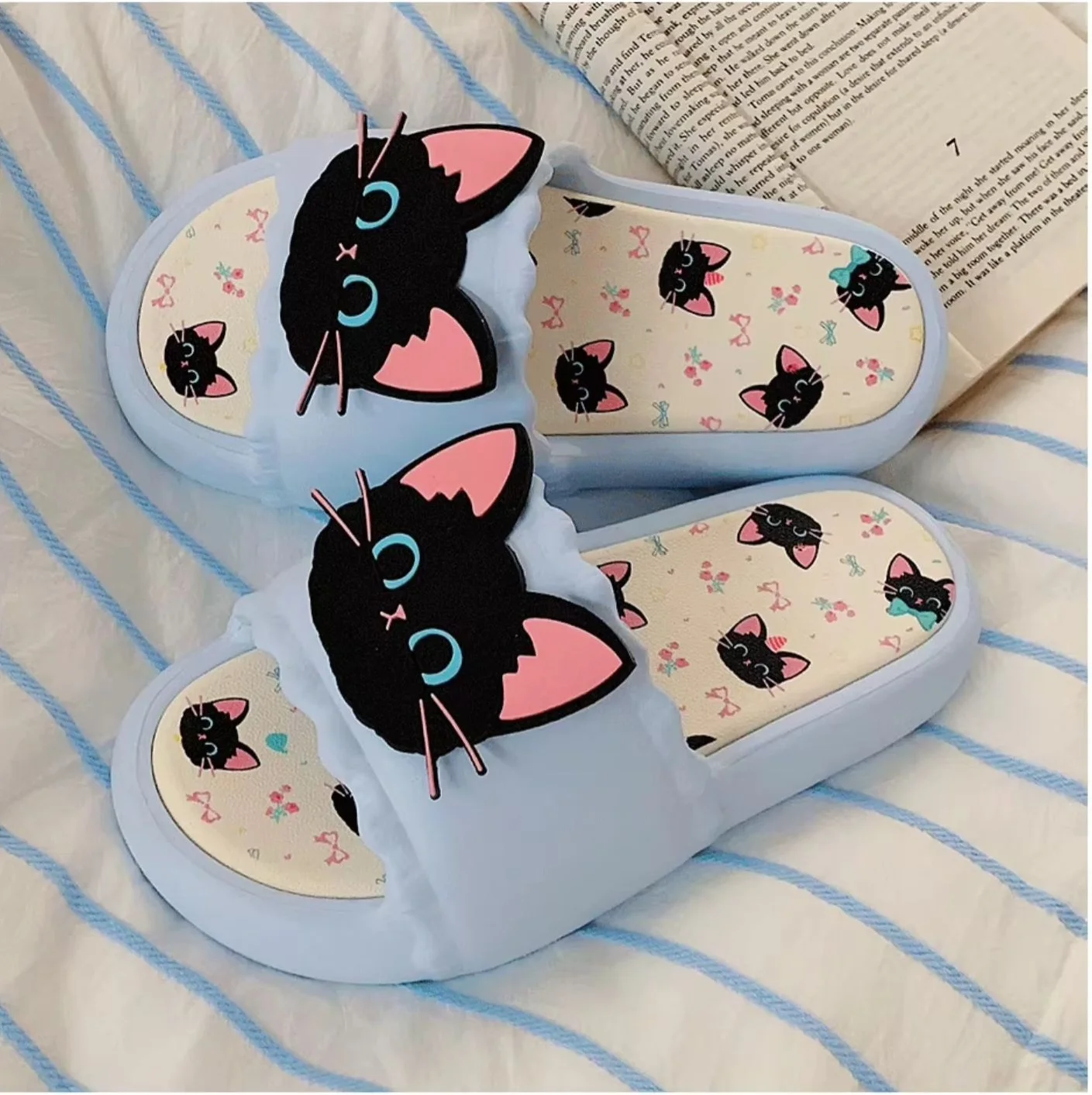 New Black Kitty Slippers Woman Animal Slides Shoes Home Orthopedic