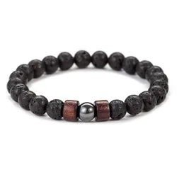 Men's Lava Stone & Wood Bead Bracelet with Tibetan Buddha Charm - Handmade Elastic Wristband Jewelry - 19cm (Style2)