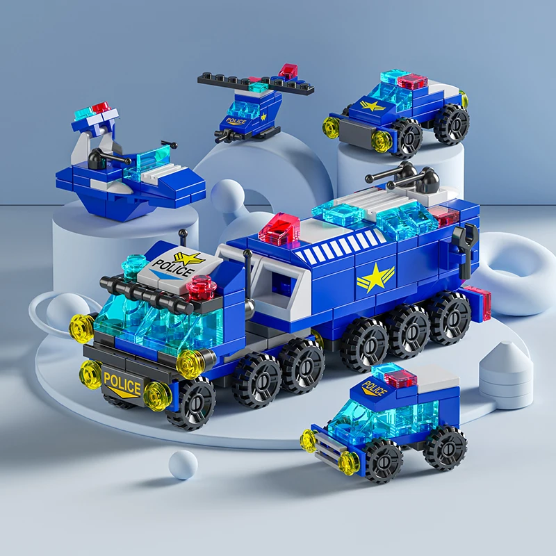 6IN1 Building Blocks City Fire Car Police Truck Engineering Crane Tank Helicopter Bricks Set Toys for Children Kids 2