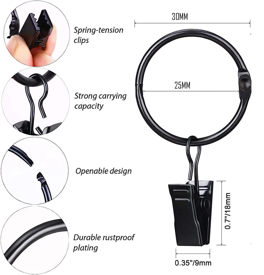 JJQHYC 40 Pezzi Anelli Tende con Clip, etallo Ganci per Tende 25 Diaetro Interno, Anelli per