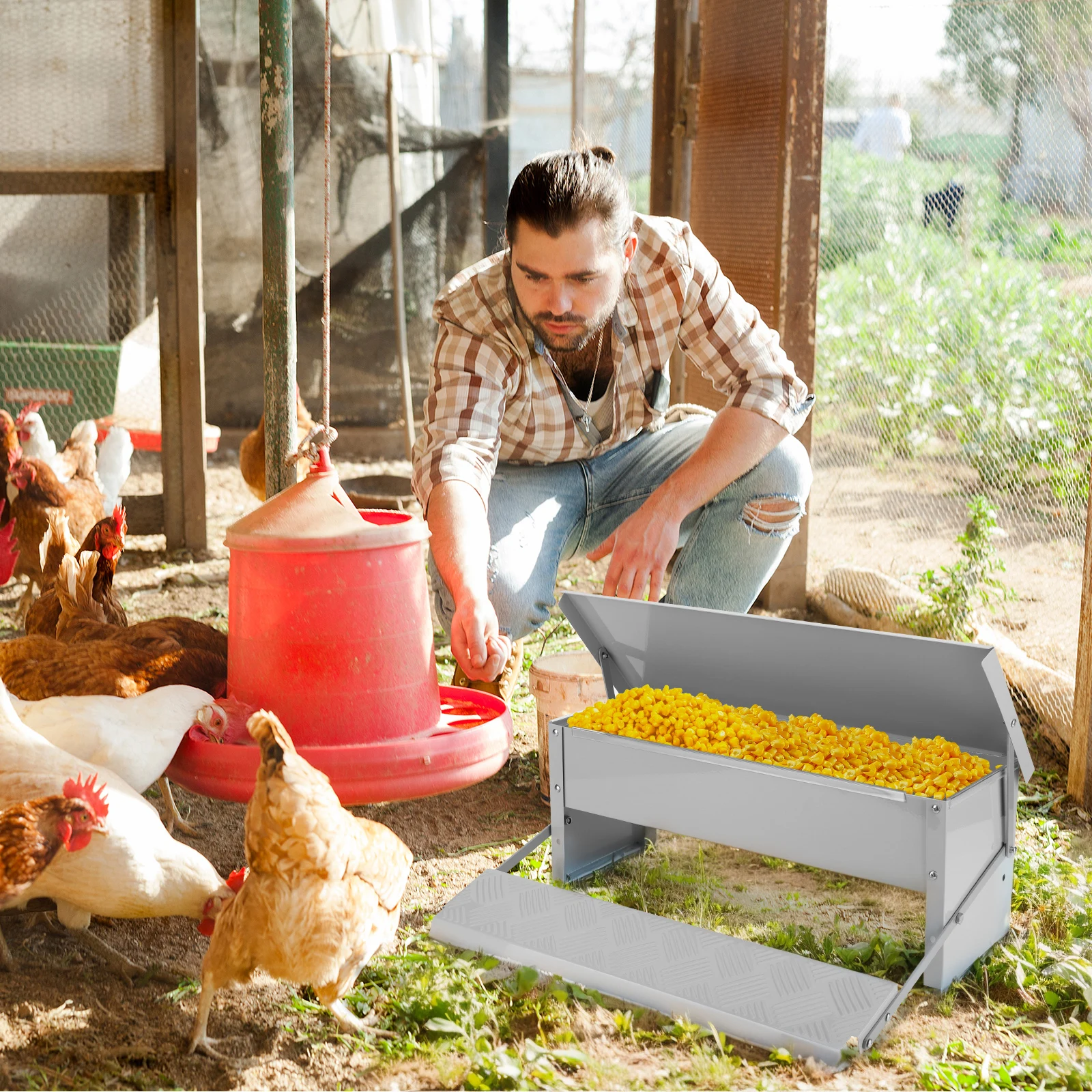 Treadle Chicken Feeder with Weatherproof Lid Rat Proof Chicken Feeder Suitable for Chicken Bantams Poultry Pheasants Etc